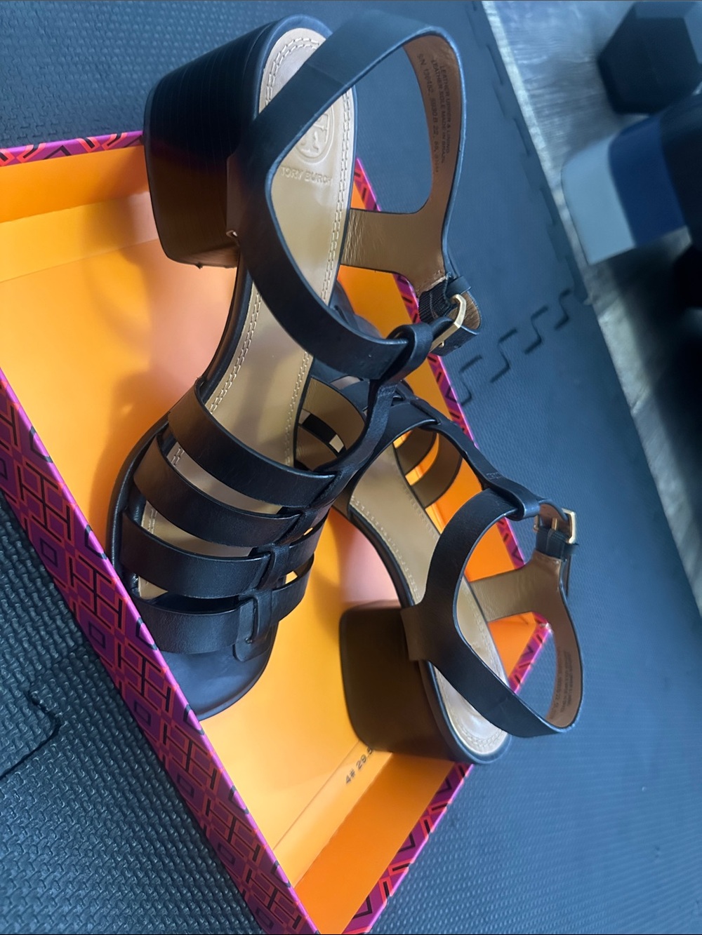 Tory Burch Black Leather Strappy Block Heel Sandals - Picture 3 of 3